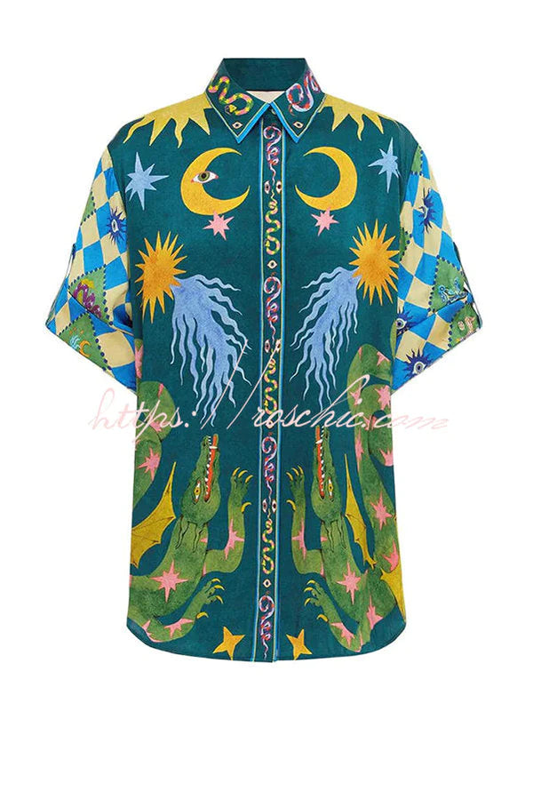 Oversized Blouse met Knopen en Unieke Linnenmix Print
