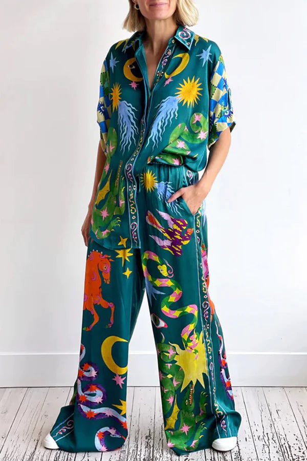 Oversized Blouse met Knopen en Unieke Linnenmix Print