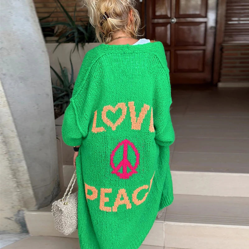 Lieve LOVE & PEACE Letter Print Lange Trui Cardigan