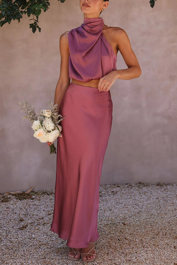 Set met Hoge Hals in Satijn en Maxi Rok