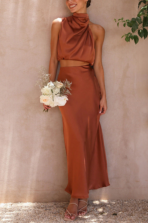 Set met Hoge Hals in Satijn en Maxi Rok