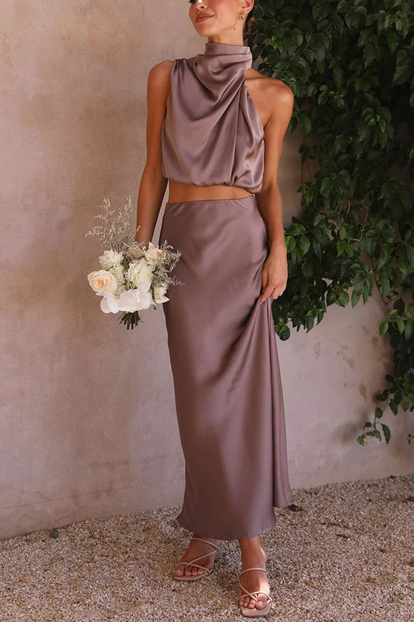 Set met Hoge Hals in Satijn en Maxi Rok