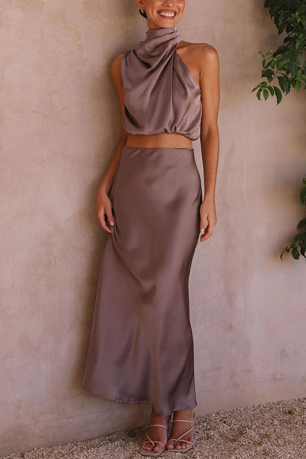Set met Hoge Hals in Satijn en Maxi Rok
