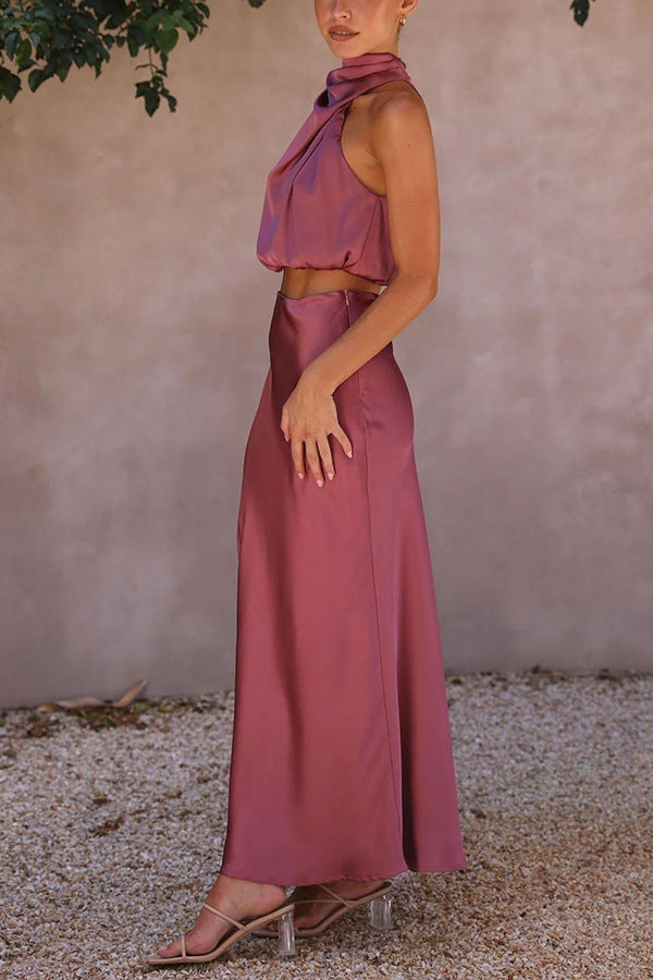 Set met Hoge Hals in Satijn en Maxi Rok