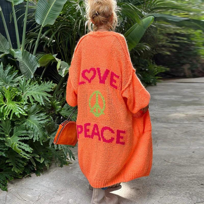 Lieve LOVE & PEACE Letter Print Lange Trui Cardigan