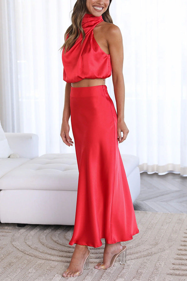 Set met Hoge Hals in Satijn en Maxi Rok