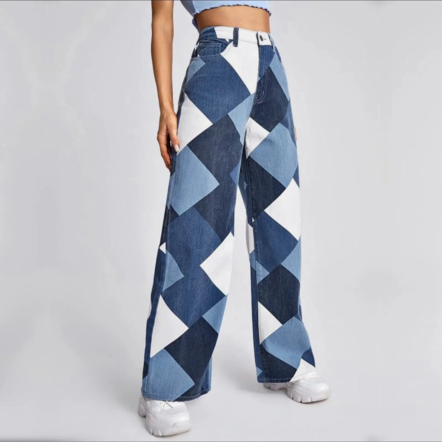 Denim Broek met Geometrisch Ontwerp