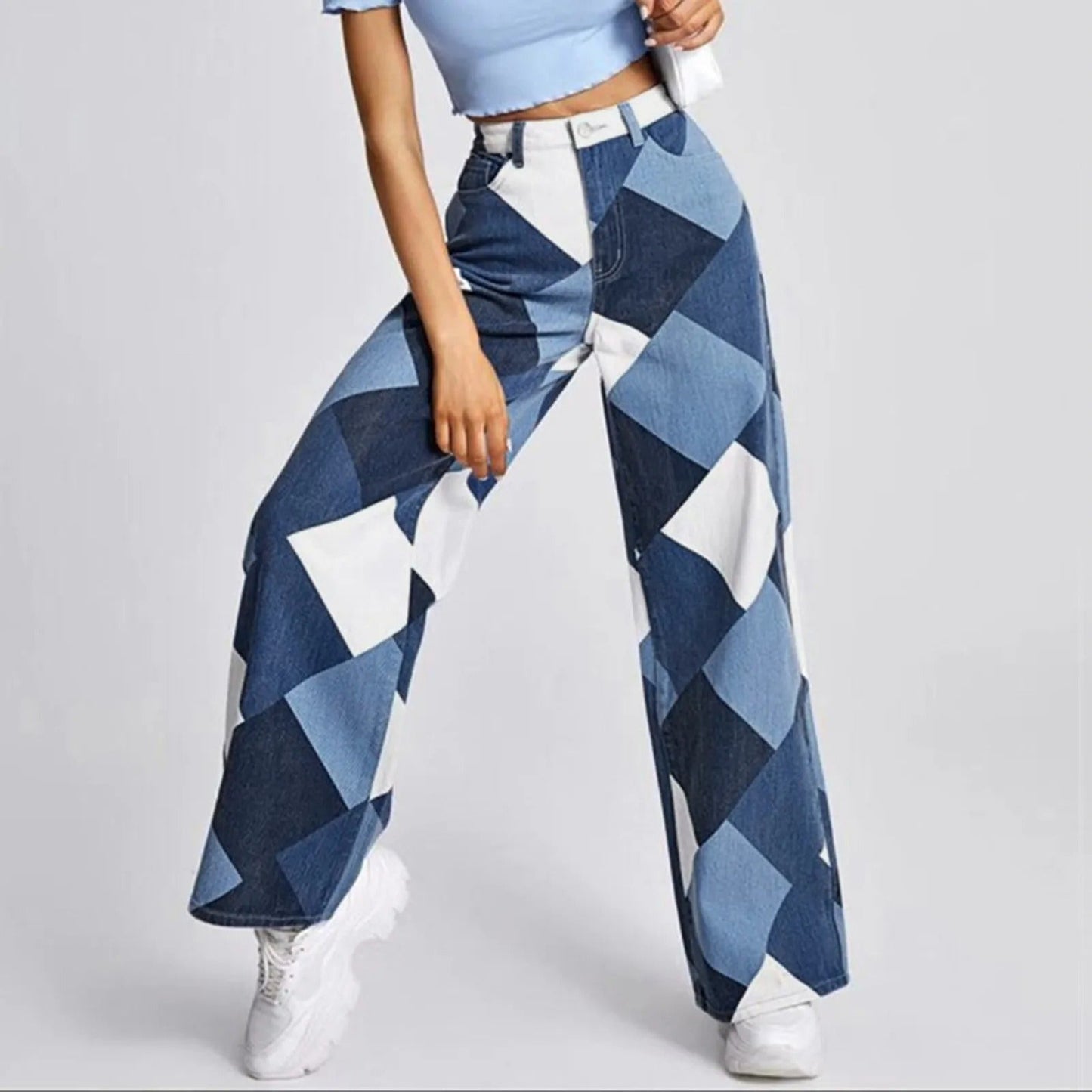 Denim Broek met Geometrisch Ontwerp