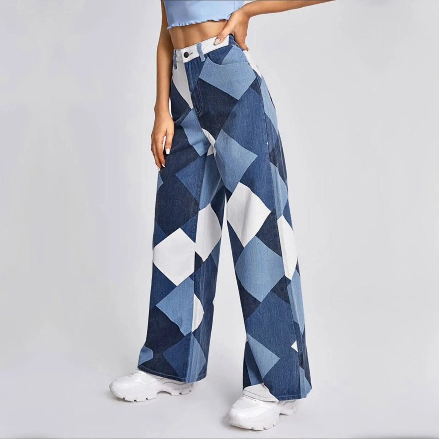Denim Broek met Geometrisch Ontwerp