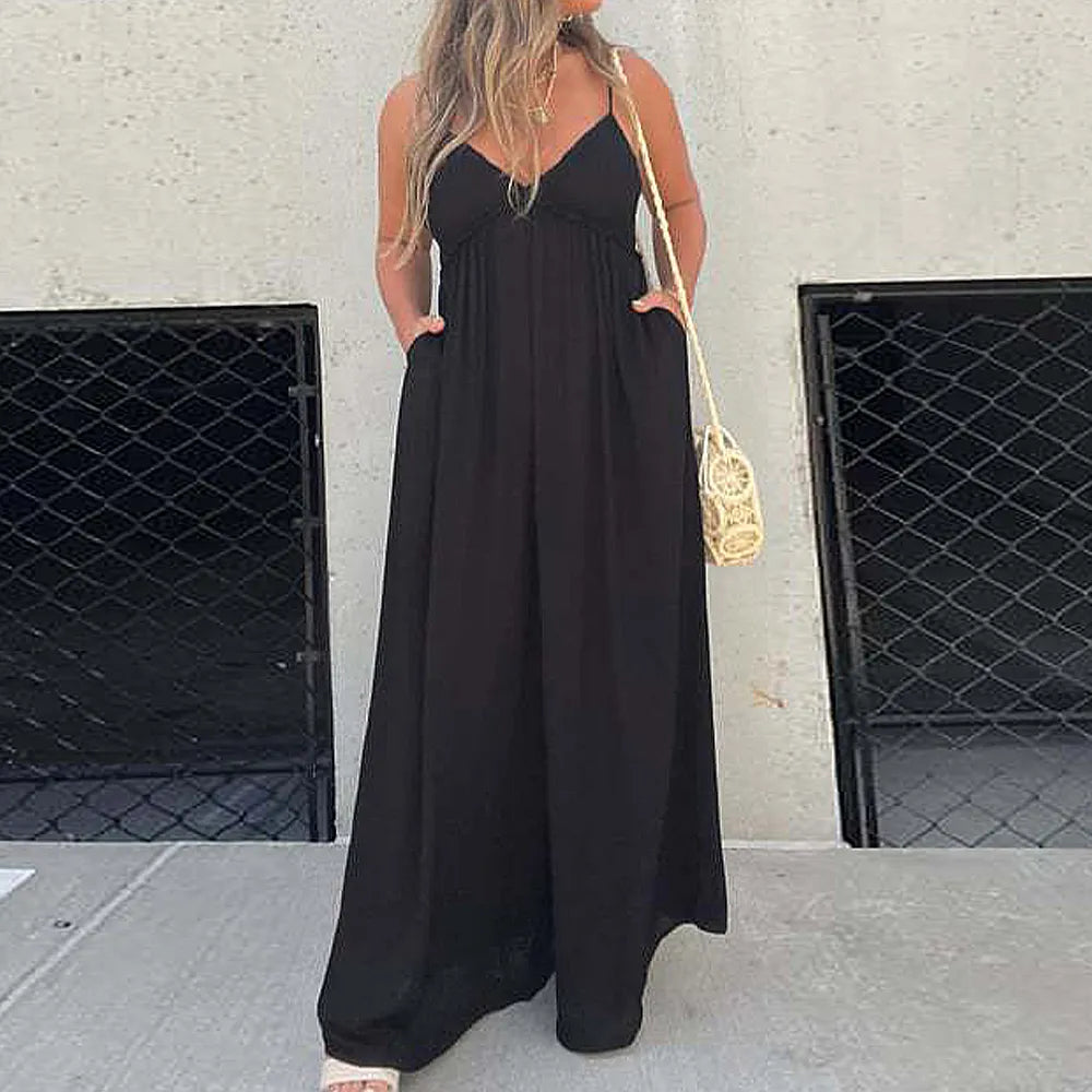 Effortless Jumpsuit met Wijde Pijpen en V-Hals