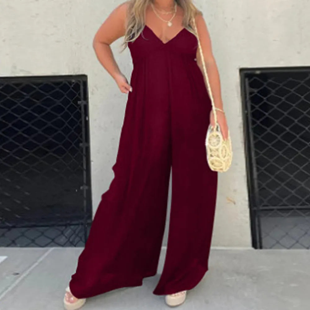 Effortless Jumpsuit met Wijde Pijpen en V-Hals