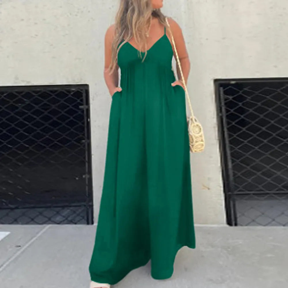 Effortless Jumpsuit met Wijde Pijpen en V-Hals