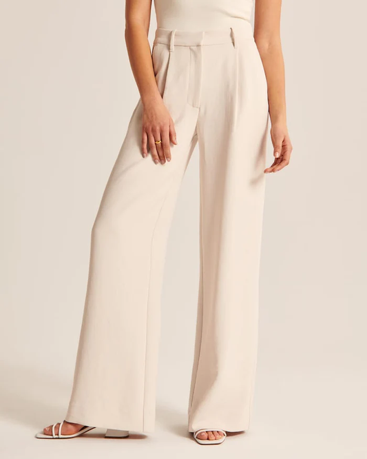 Beige getailleerde broek met wijde pijpen