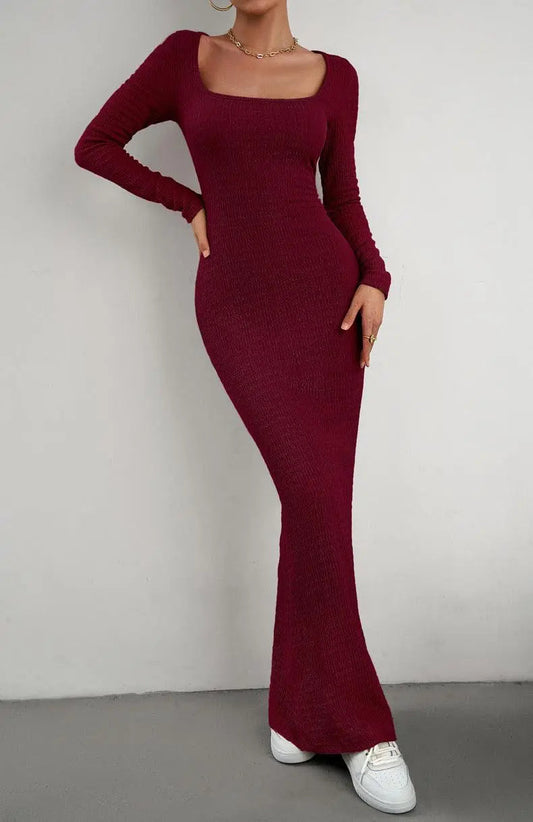 Lange Mouwen Vierkante Hals Maxi Bodycon Jurk