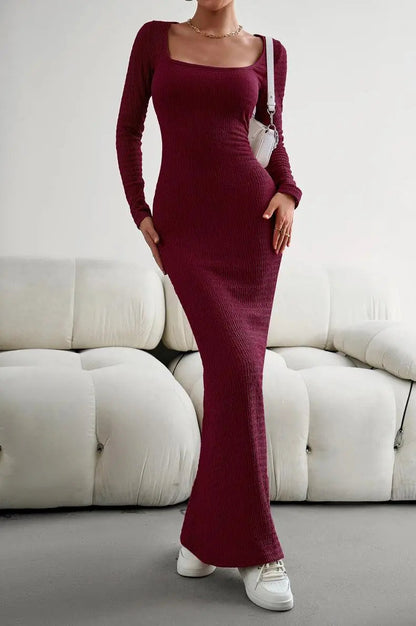 Lange Mouwen Vierkante Hals Maxi Bodycon Jurk