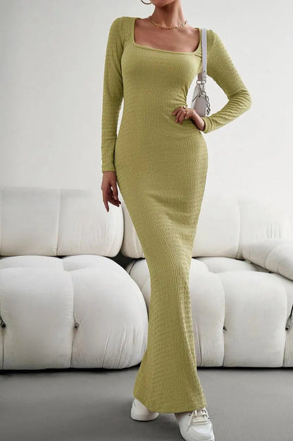 Lange Mouwen Vierkante Hals Maxi Bodycon Jurk