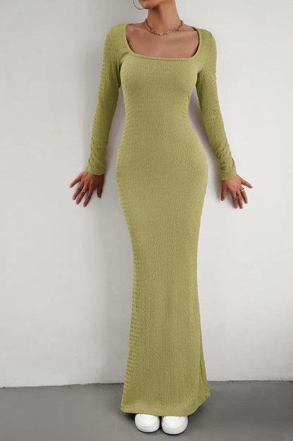 Lange Mouwen Vierkante Hals Maxi Bodycon Jurk