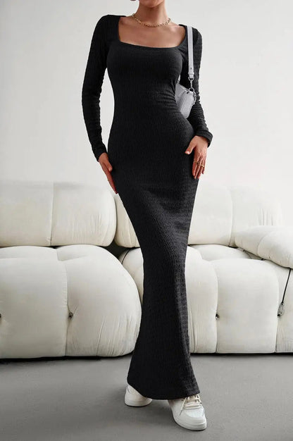 Lange Mouwen Vierkante Hals Maxi Bodycon Jurk