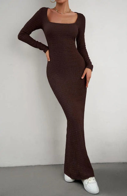 Lange Mouwen Vierkante Hals Maxi Bodycon Jurk