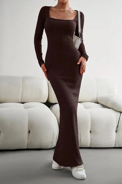 Lange Mouwen Vierkante Hals Maxi Bodycon Jurk