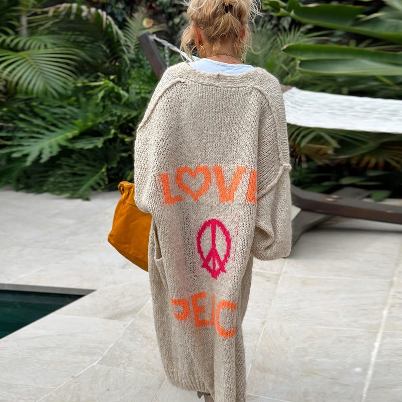 Lieve LOVE & PEACE Letter Print Lange Trui Cardigan