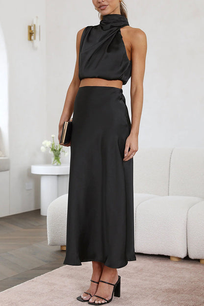 Set met Hoge Hals in Satijn en Maxi Rok