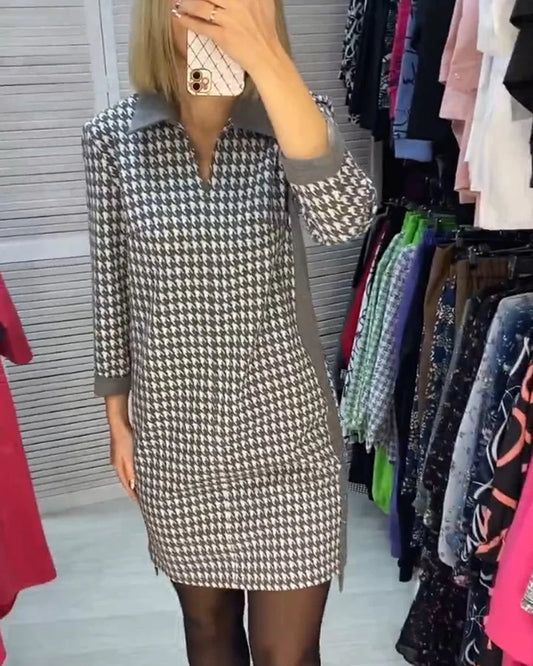 Casual V-hals Houndstooth Print Jurk