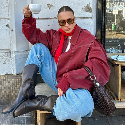 Rode Oversized Jack met Contraststiksels