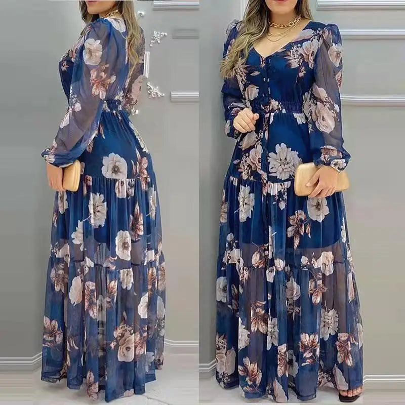 Elegante V-hals Maxi Bloemenjurk met Lange Mouwen