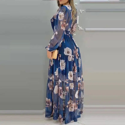 Elegante V-hals Maxi Bloemenjurk met Lange Mouwen